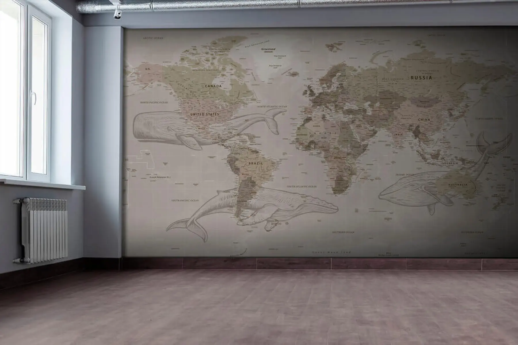 Fotobehang Wereldkaart met walvissen u50449