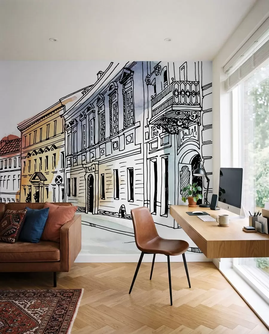 Fotobehang Oude stad, marker en aquarel u51062