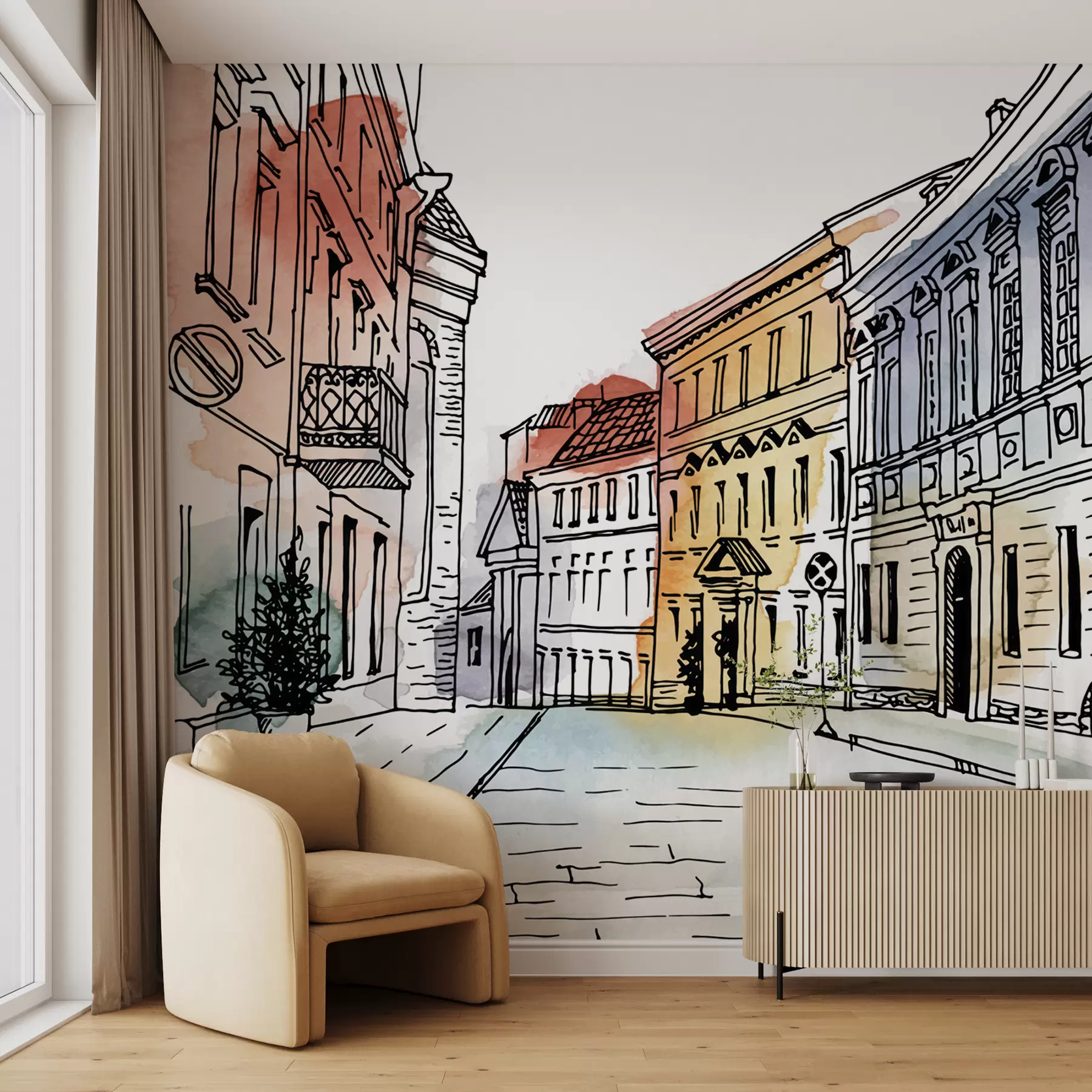 Papier peint photo Vieille ville, marqueur et aquarelle u51062