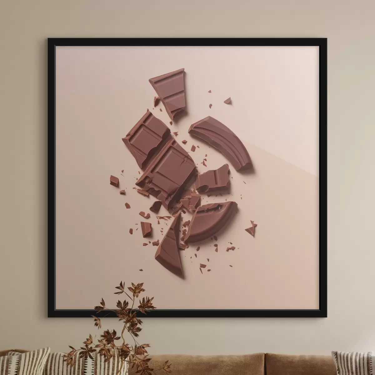 Poster Gebroken stukjes en kruimels chocolade in verschillende vormen f42114