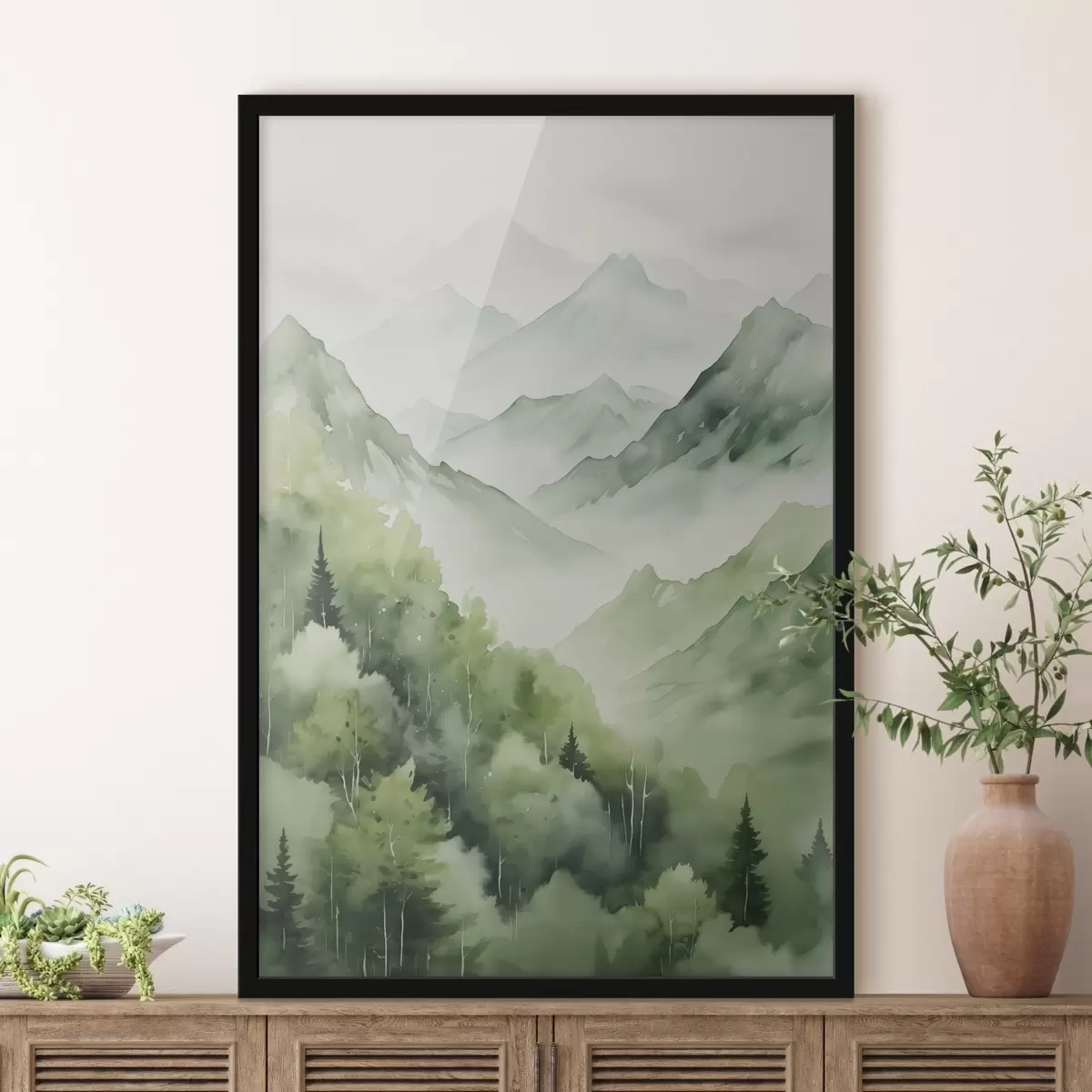Affiche Forêt de feuillus en montagne imitation aquarelle f42122
