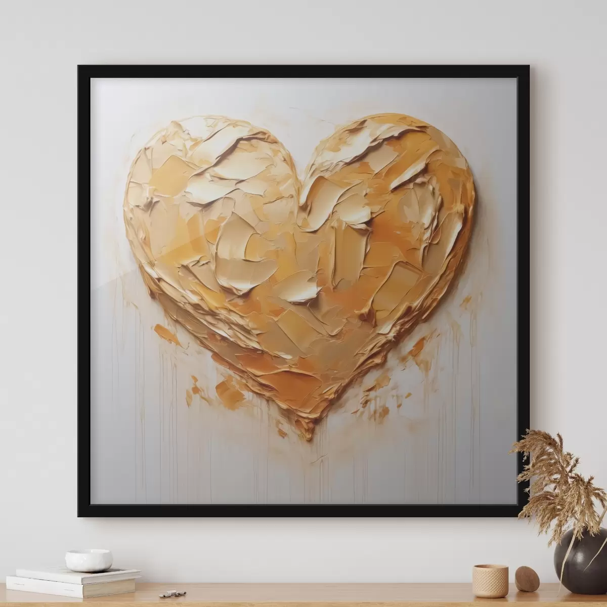 Poster Hartimitatie van verfstreken, gele en oranje tinten f42124