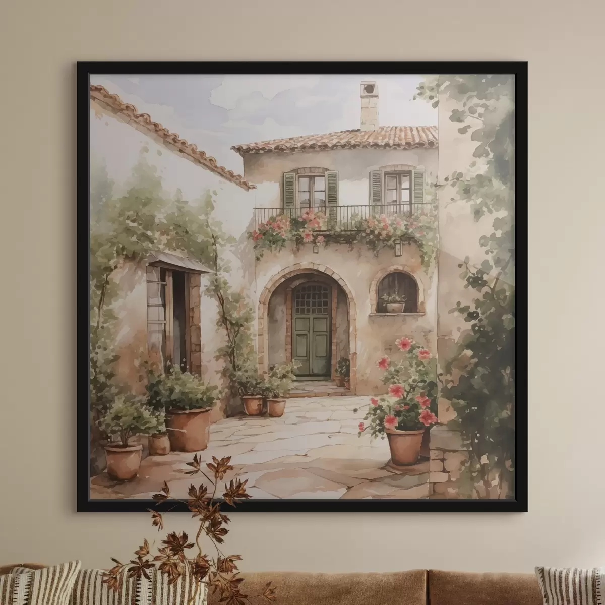 Affiche Cour italienne avec pots de fleurs imitation aquarelle f42126