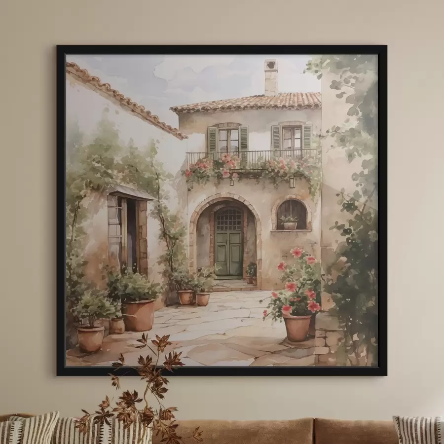 Papier peint photo Cour italienne avec pots de fleurs imitation aquarelle f42126