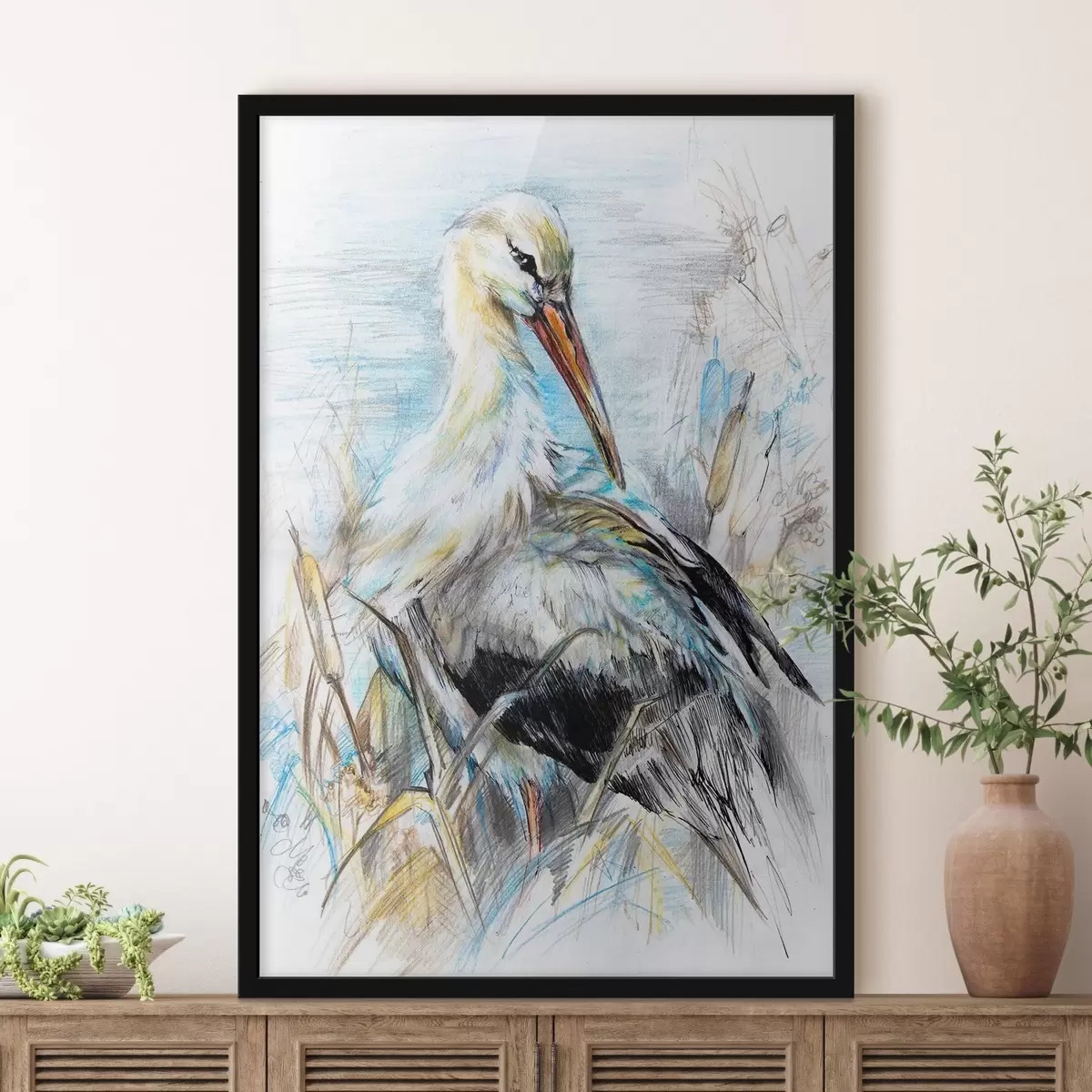 Poster Ooievaar bij het water tussen droge planten f34607