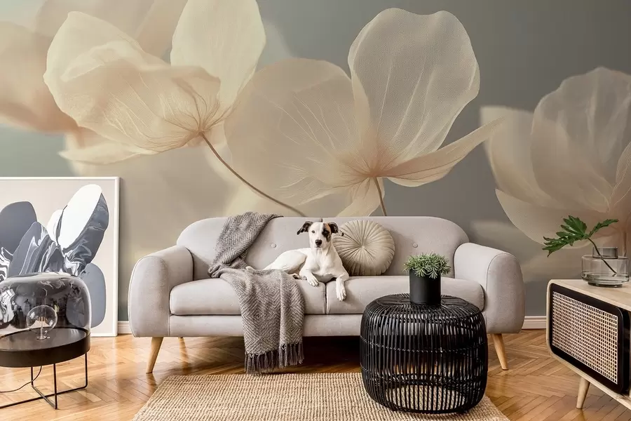 Fotobehang Lotusblaadjes, een delicate compositie met een grijze achtergrond w08500v2