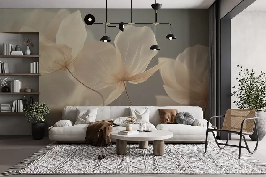 Papier peint photo Pétales de lotus, une composition délicate sur fond gris w08500v2