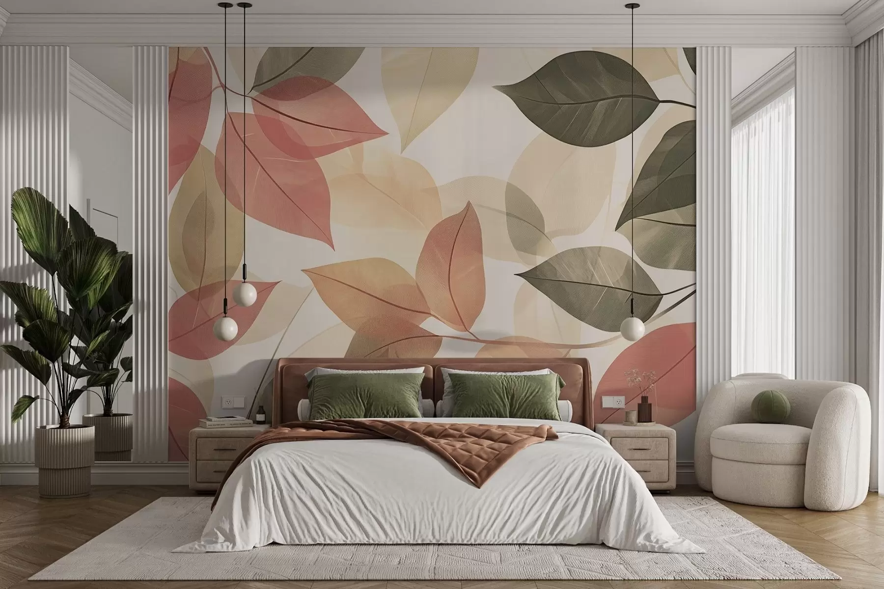 Papier peint photo Branches de feuilles dans les tons rouge et vert w08502