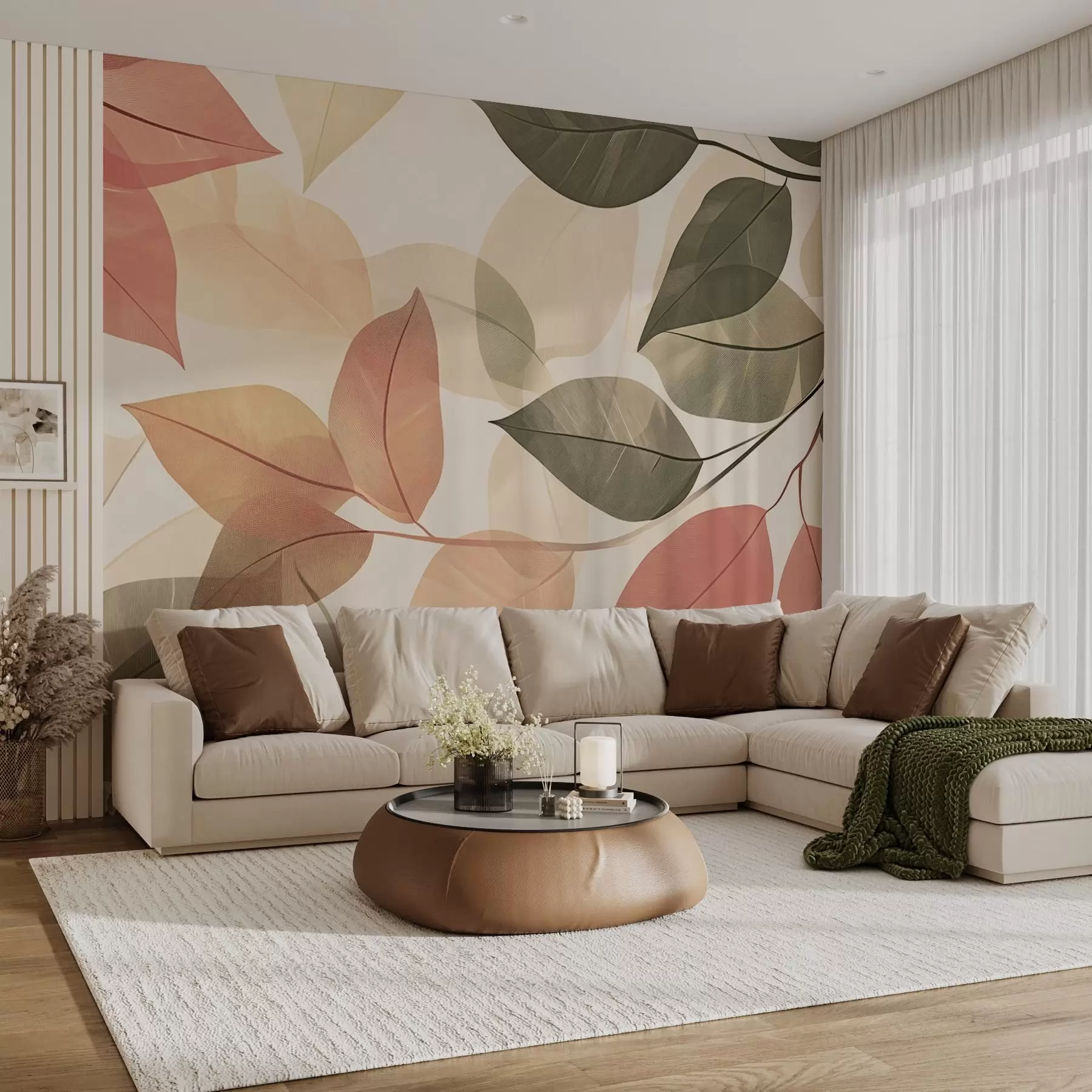 Papier peint photo Branches de feuilles dans les tons rouge et vert w08502