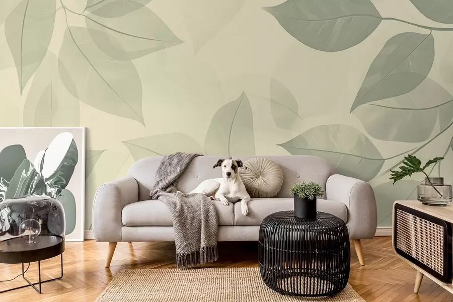 Fotobehang Takken met groene bladeren op een zachtbeige achtergrond w08502v2