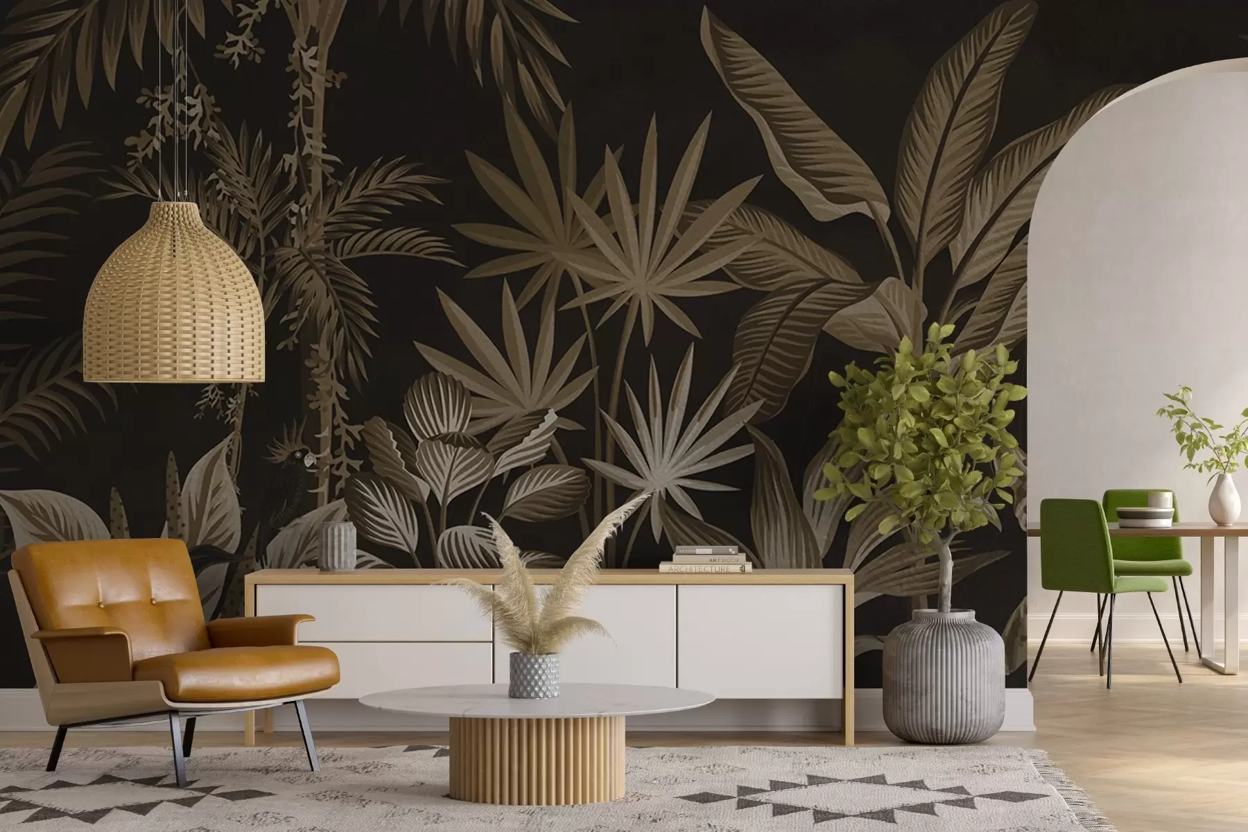 Fotobehang Tropische jungle met palmen en vogels in donkere tinten w08496v3