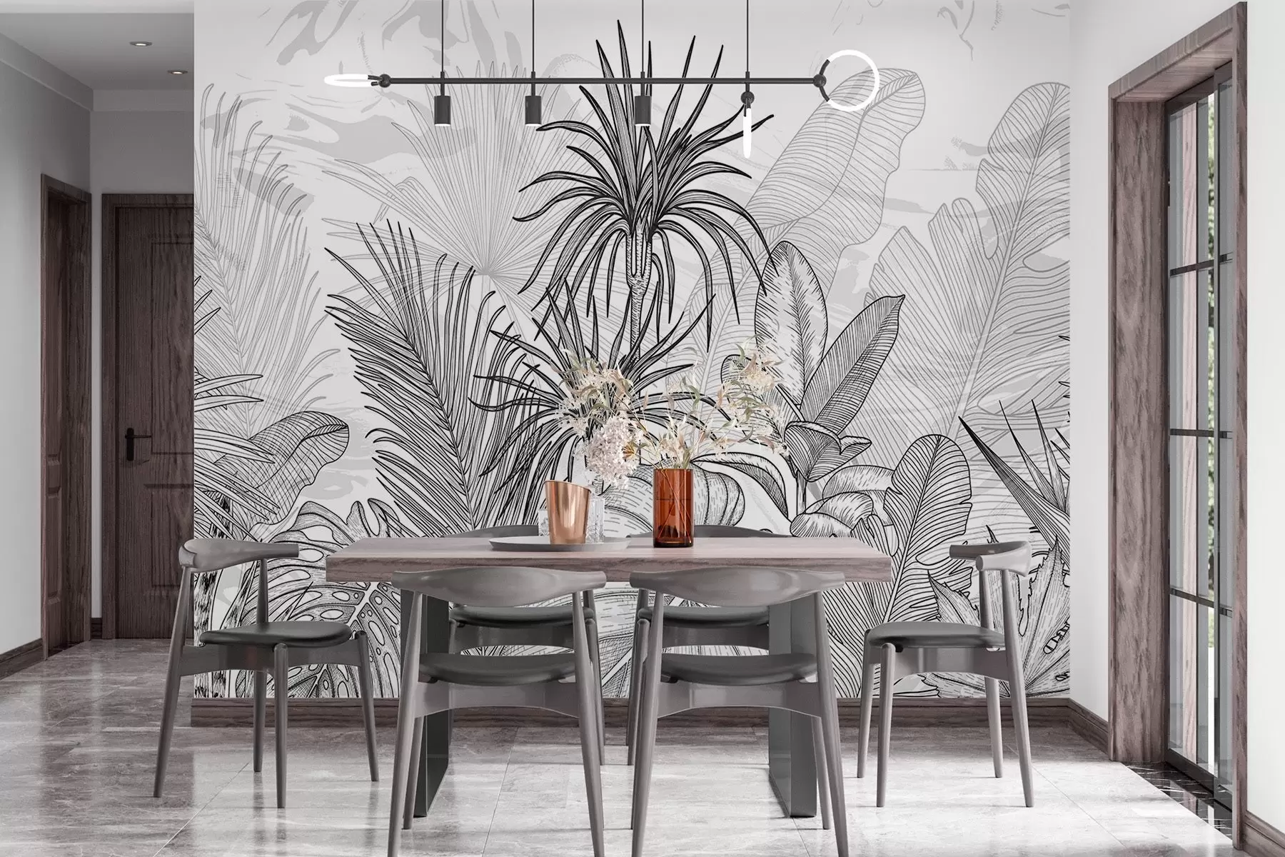 Fotobehang Tropische planten in een grafische stijl w02522