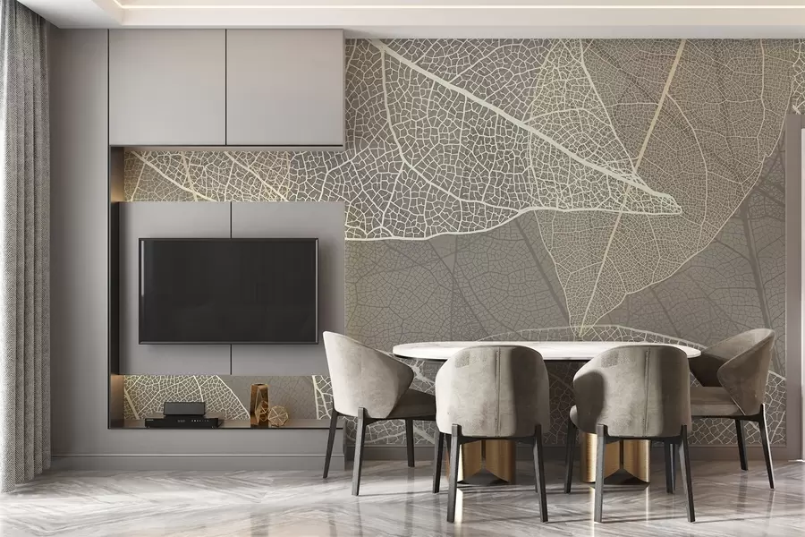 Fotobehang close-up van bladeren met nerven in warme grijstinten w02520v2