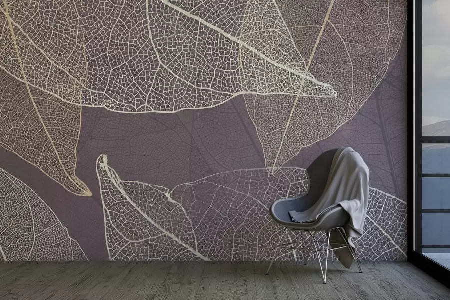 Fotobehang close-up van bladeren met nerven in paars-grijze tinten w02520v3