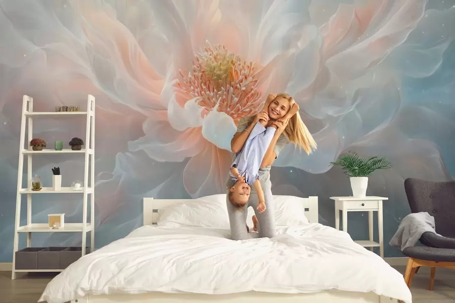 Fotobehang een dromerig, etherisch schilderij van een grote, delicate bloem in zachte pasteltinten w02545