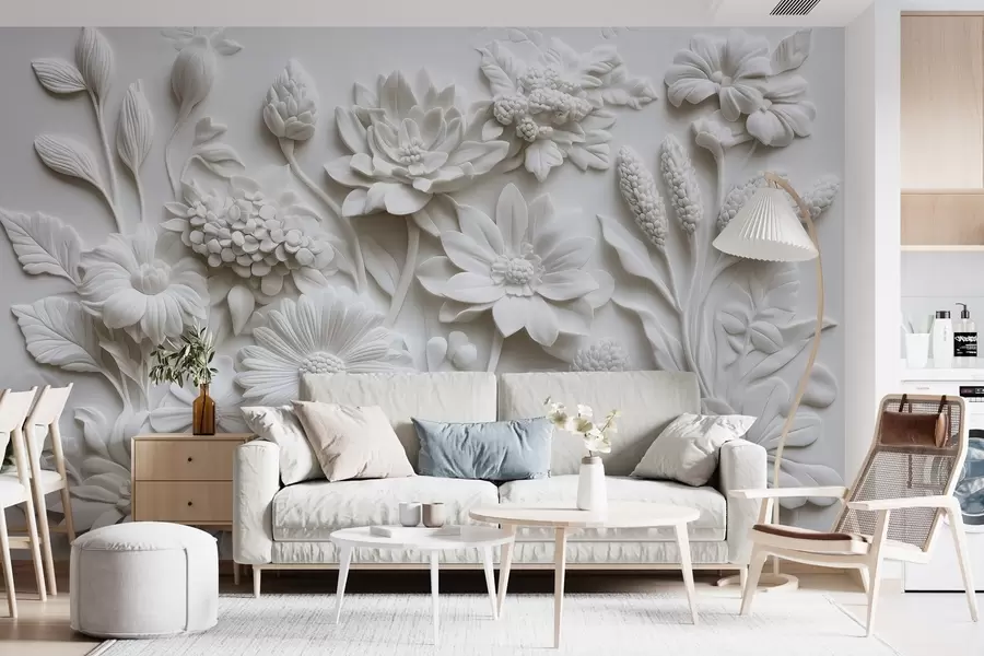 Fotobehang behang in bas-reliëfstijl met tuinbloemen w02546