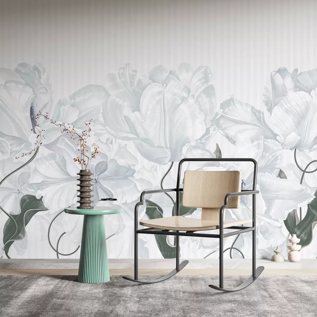 Fotobehang delicate grijze bloemen op een gestreepte achtergrond w02565v1