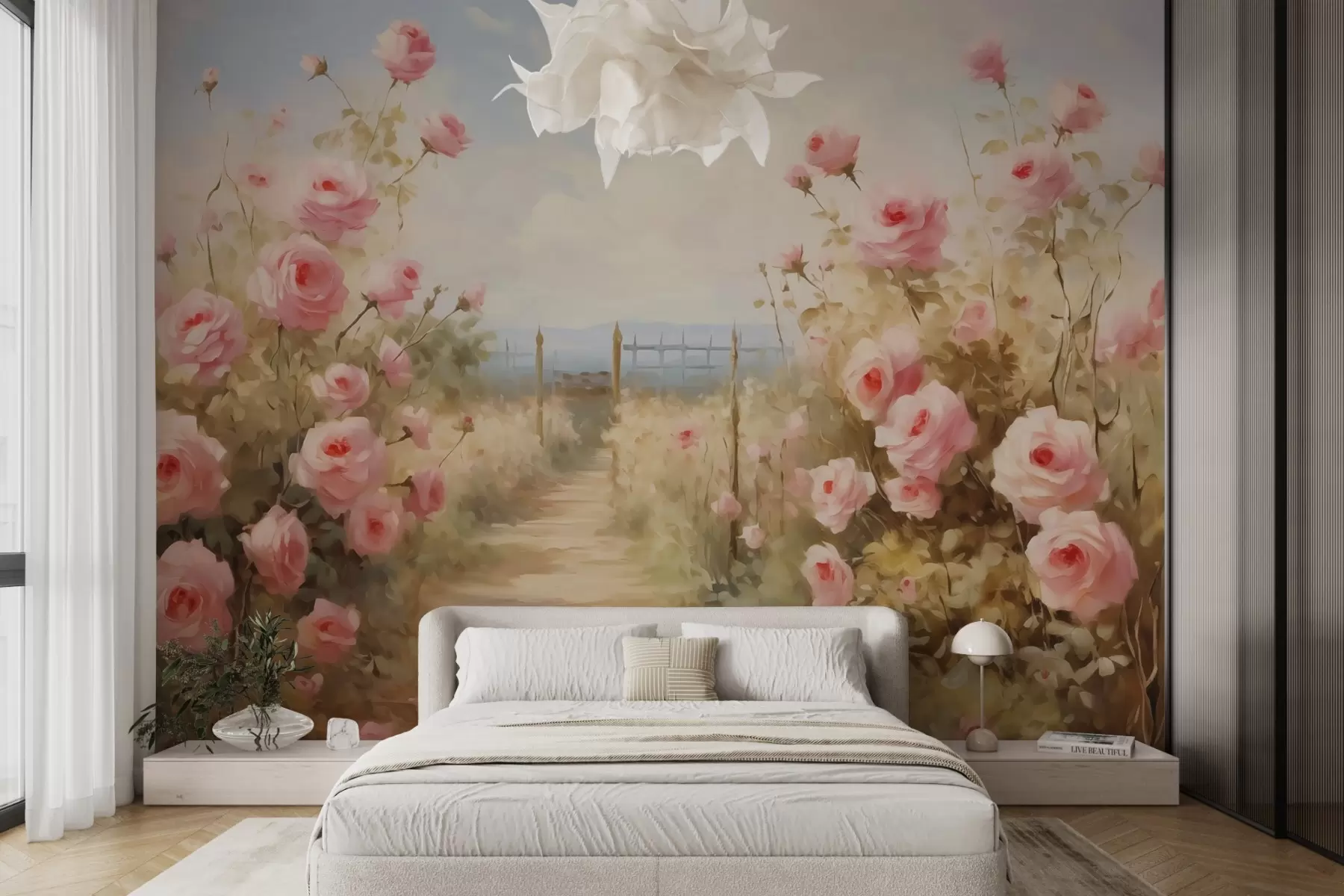 Papier peint photo Jardin avec des roses, imitation de coups de pinceau w02590