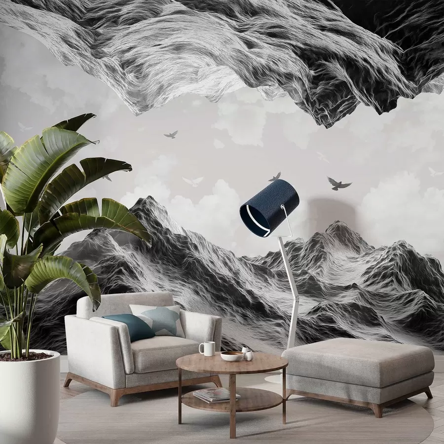 Fotobehang Bergen landschap, realisme, vliegende vogels, natuur, wolken, zwart-wit kleuren w02514