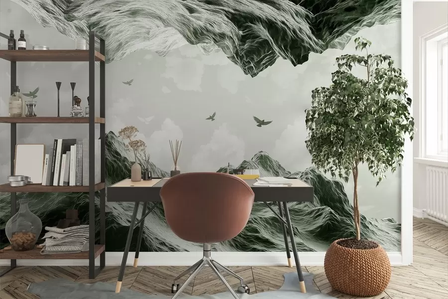 Papier peint photo Montagnes, paysage, réalisme, oiseaux volants, nature, nuages, couleurs vertes w02514v3