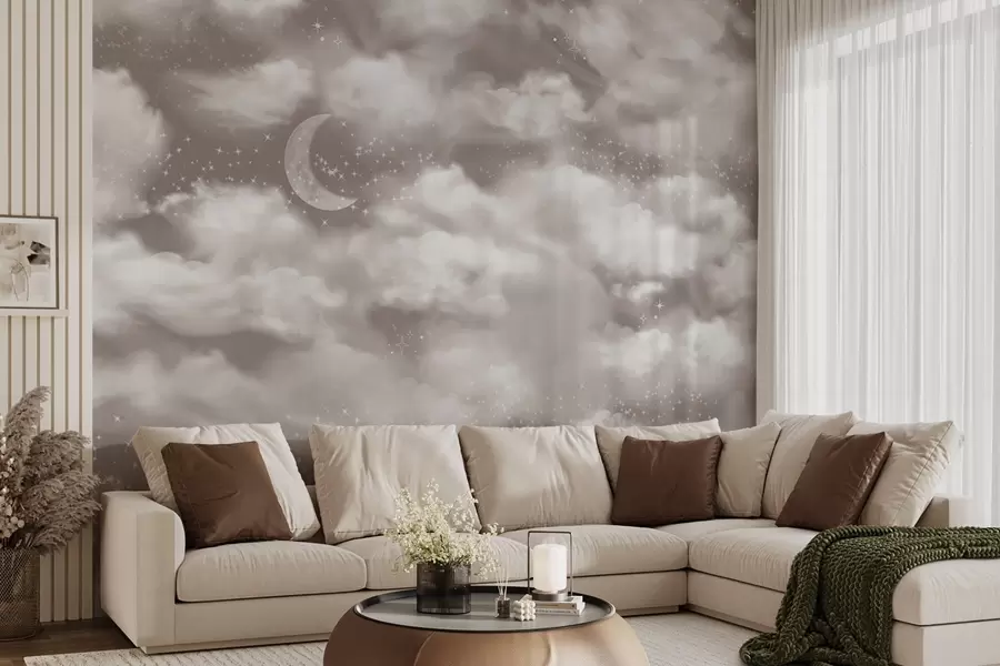 Fotobehang Sterrenhemel met maan en wolken, dromerig, etherisch, zachte beige kleuren w02515