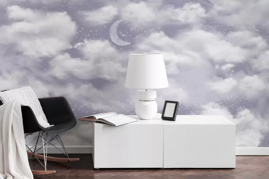Fotobehang Sterrenhemel met maan en wolken, dromerig, etherisch, zachte paarse kleuren w02515v4