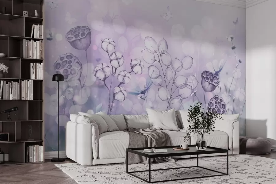 Fotobehang Dromerige bloementuin, vlinder, katoenen bloemen, lotussen, paarse kleuren w02516v1