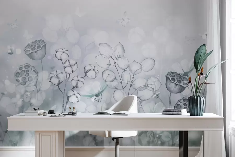 Papier peint photo Jardin de fleurs de rêve, papillon, fleurs de coton, lotus, couleurs grises w02516v2