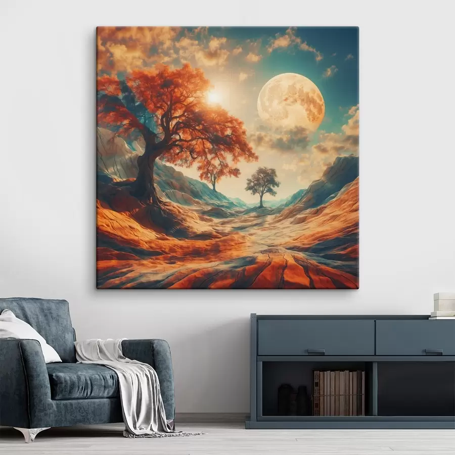  Peintures Arbres et montagnes sur fond de grande lune s41774