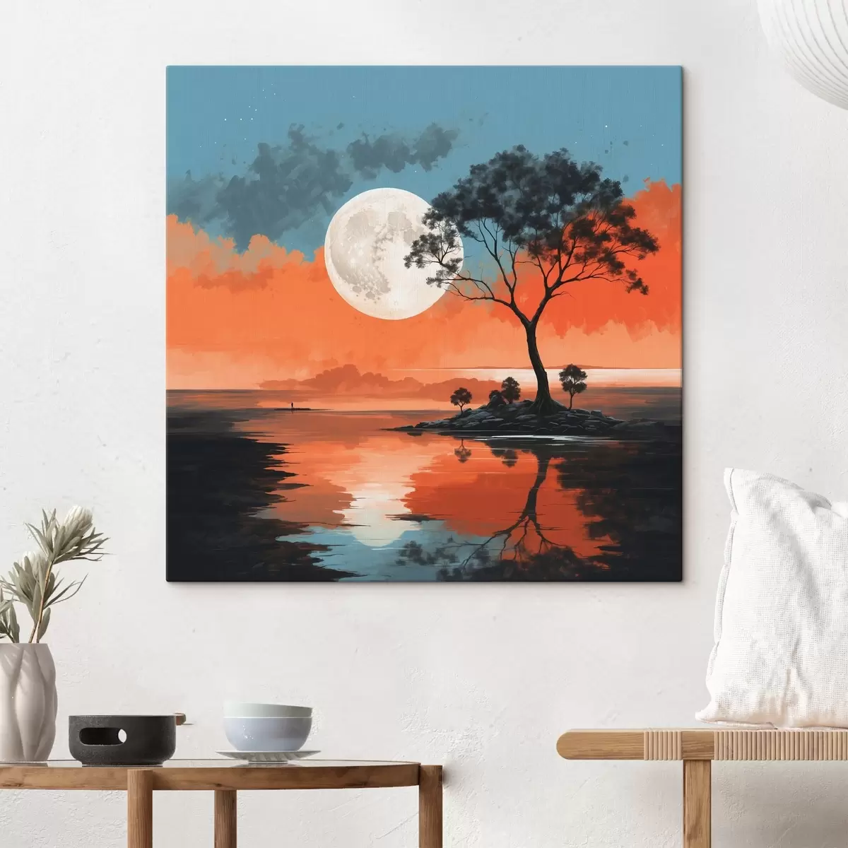  Peintures Arbre au milieu d'un lac sur fond de lune s41775