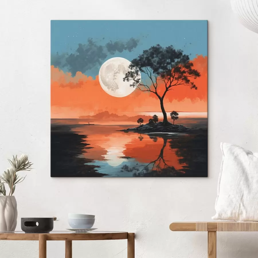  Peintures Arbre au milieu d'un lac sur fond de lune s41775