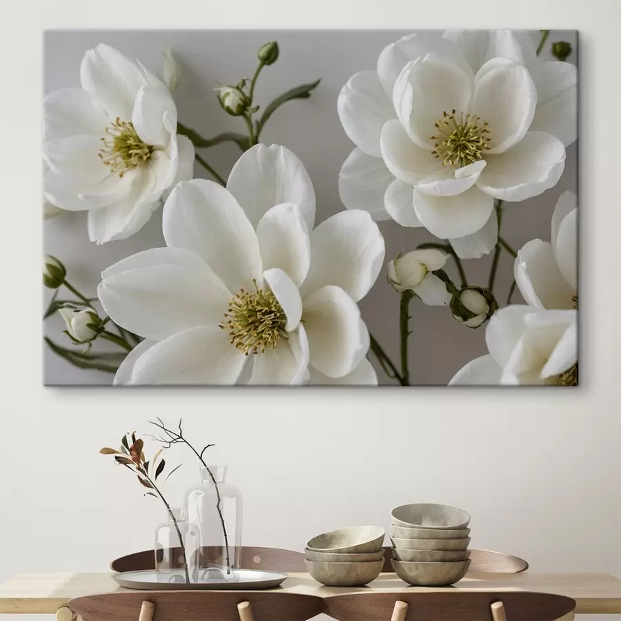 Fotobehang Witte bloemen en stengels op lichte achtergrond s42097