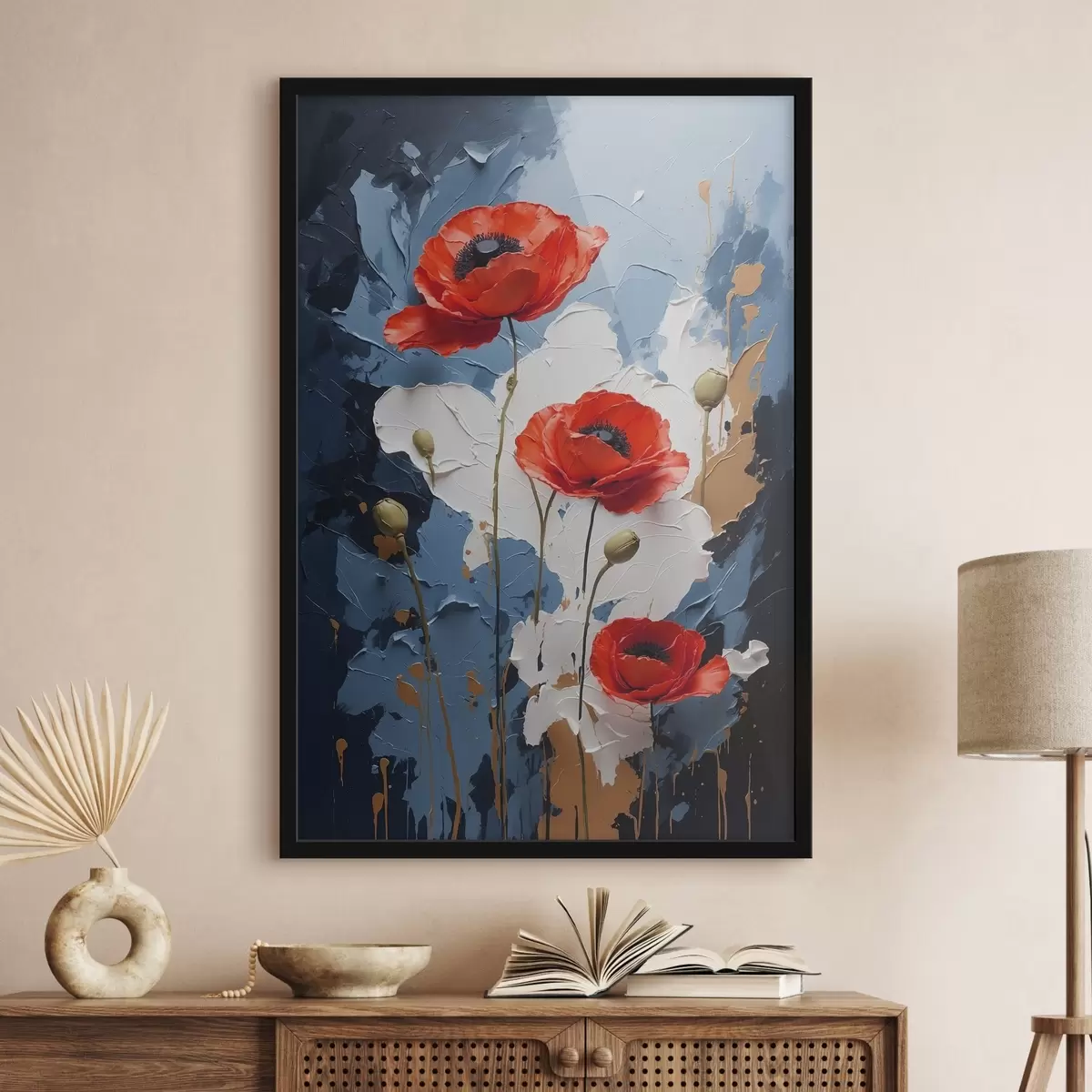 Affiche Coquelicots sur fond abstrait multicolore dans le style de la peinture à l'huile f41765