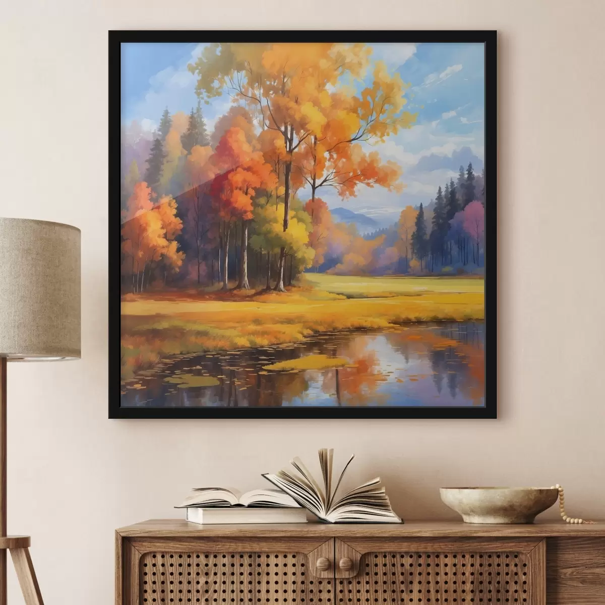Poster Meer en herfstbos in acrylstijl f41766