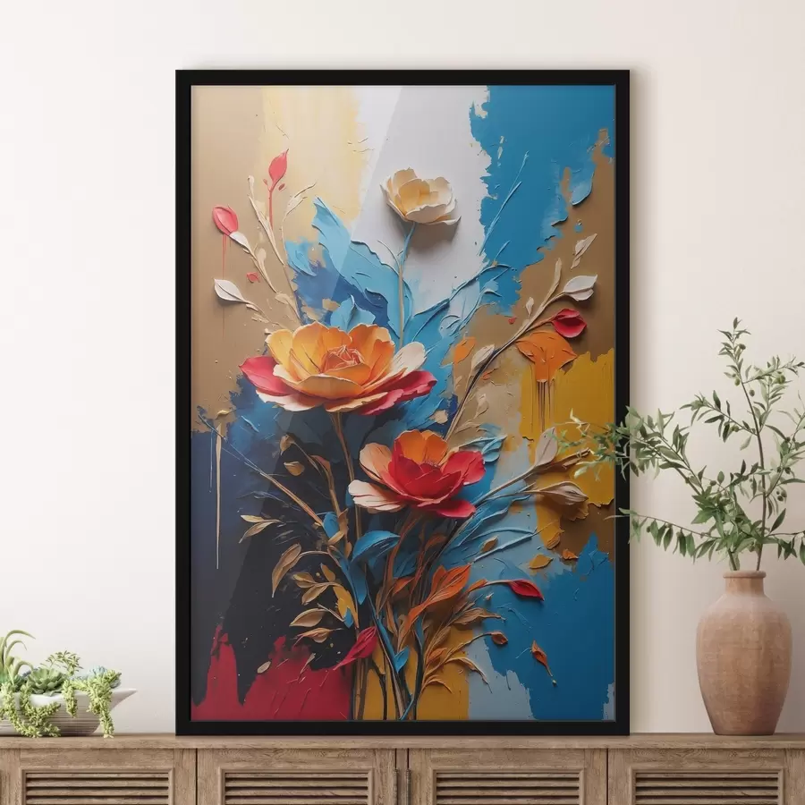 Fotobehang Bloemen op abstracte veelkleurige achtergrond in olieverfstijl f41769