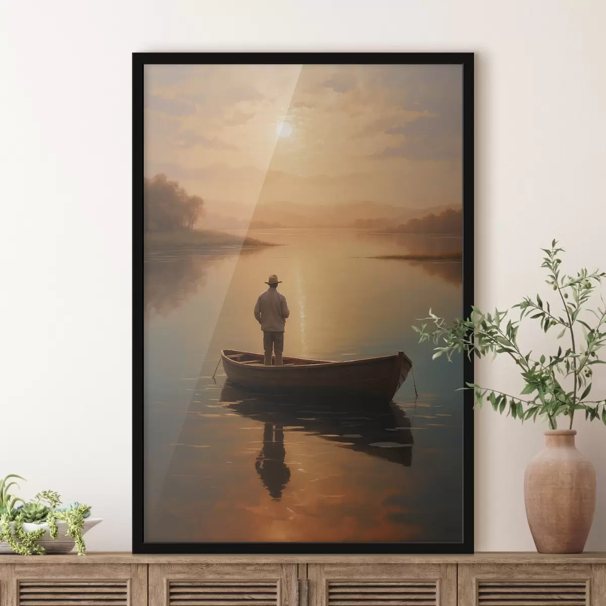 Poster Man in een boot in het midden van een meer f41770