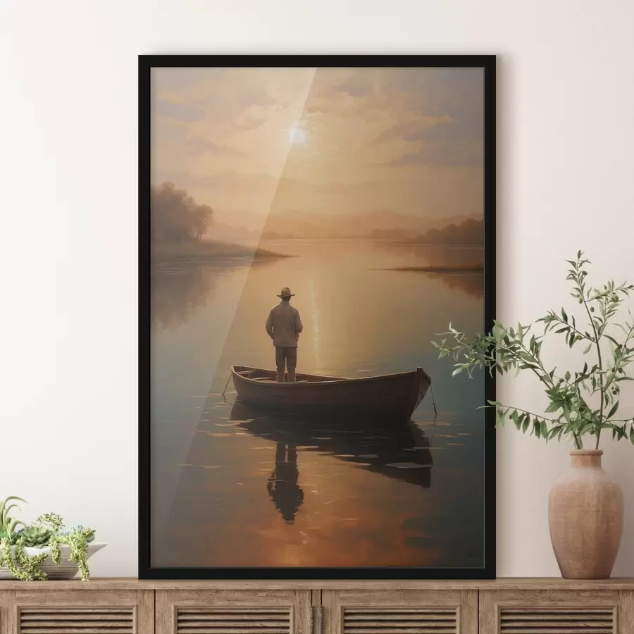 Fotobehang Man in een boot in het midden van een meer f41770