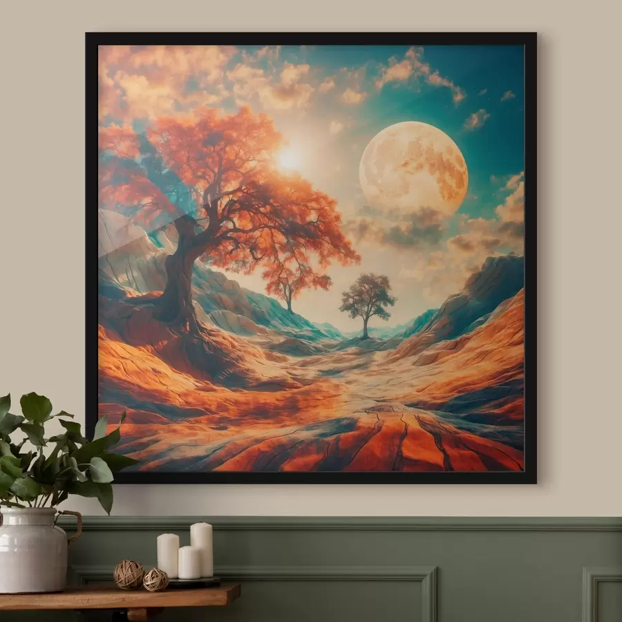 Papier peint photo Arbres et montagnes sur fond de grande lune f41774