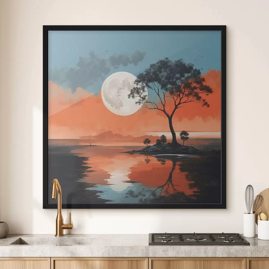 Papier peint photo Arbre au milieu d'un lac sur fond de lune f41775