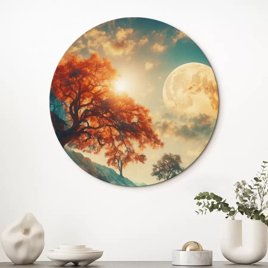  Schilderijen Bomen en bergen op enorme maanachtergrond r41774