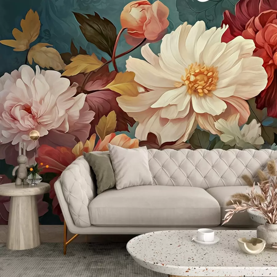 Fotobehang Grote bloemen van verschillende kleuren, chrysant, pioenroos w02597