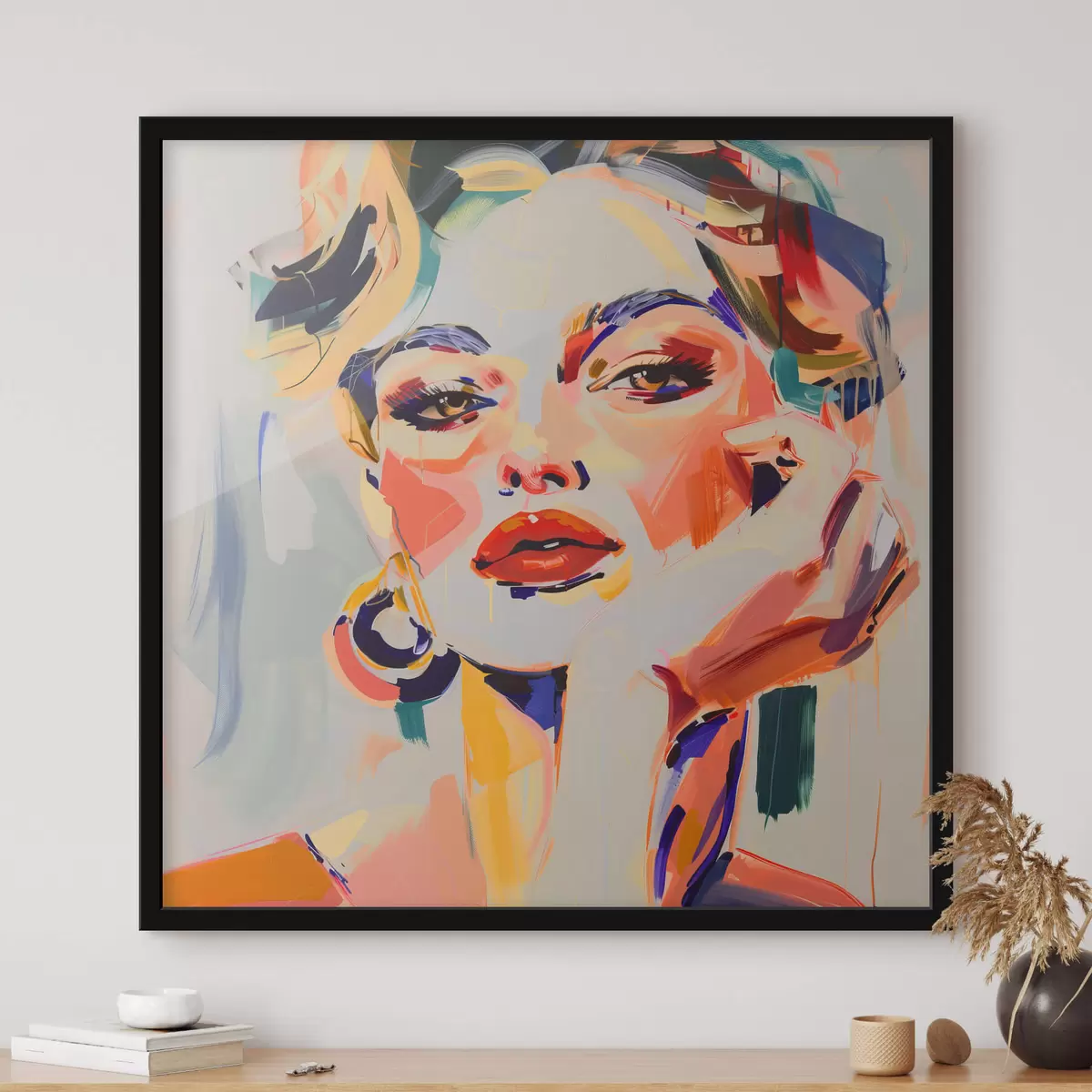 Poster Portret van een vrouw in veelkleurige streken f42111