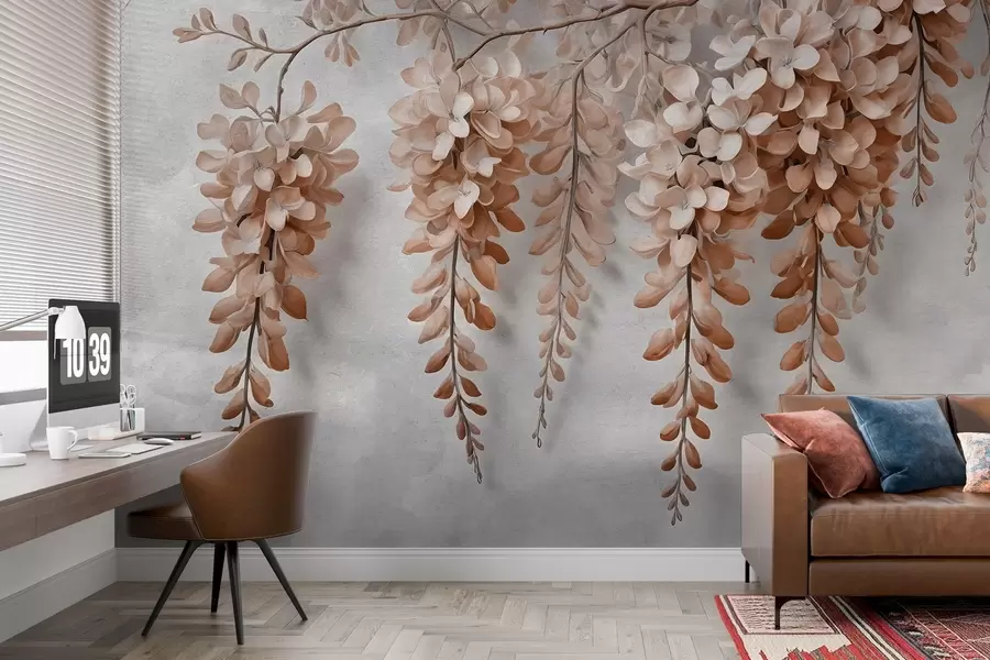 Fotobehang Weelderig boeket bloemen op een muur in aquarelstijl w02611v1