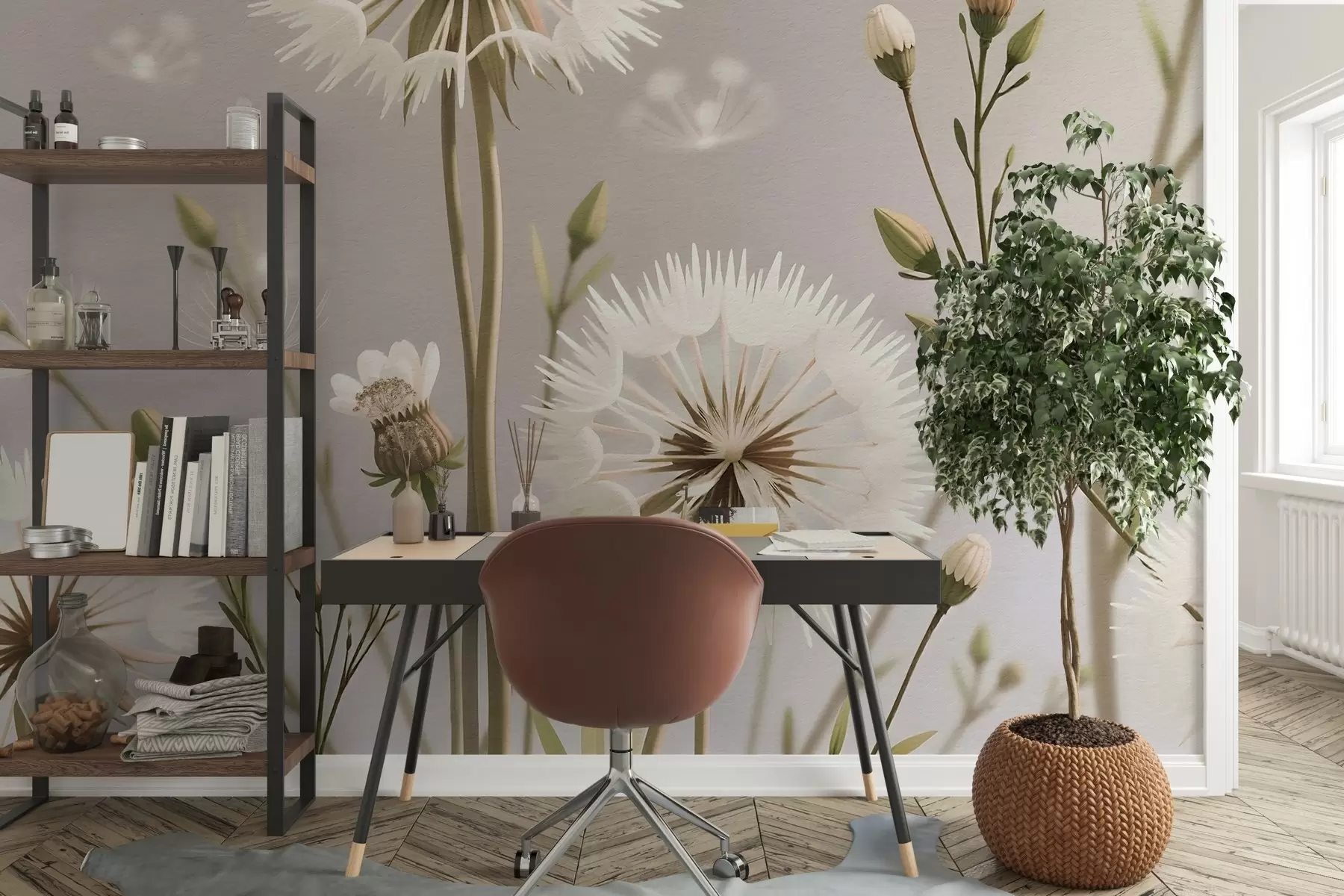 Fotobehang Veld in bloei met paardenbloemen w02619