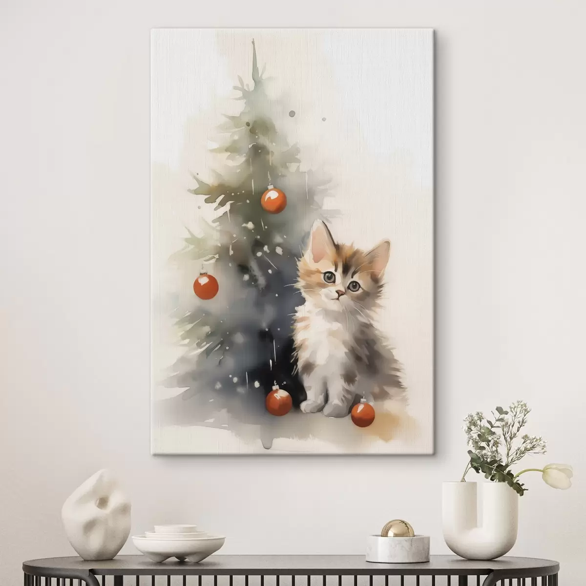  Peintures Chaton près de l'arbre de Noël imitation d'aquarelle humide s42140