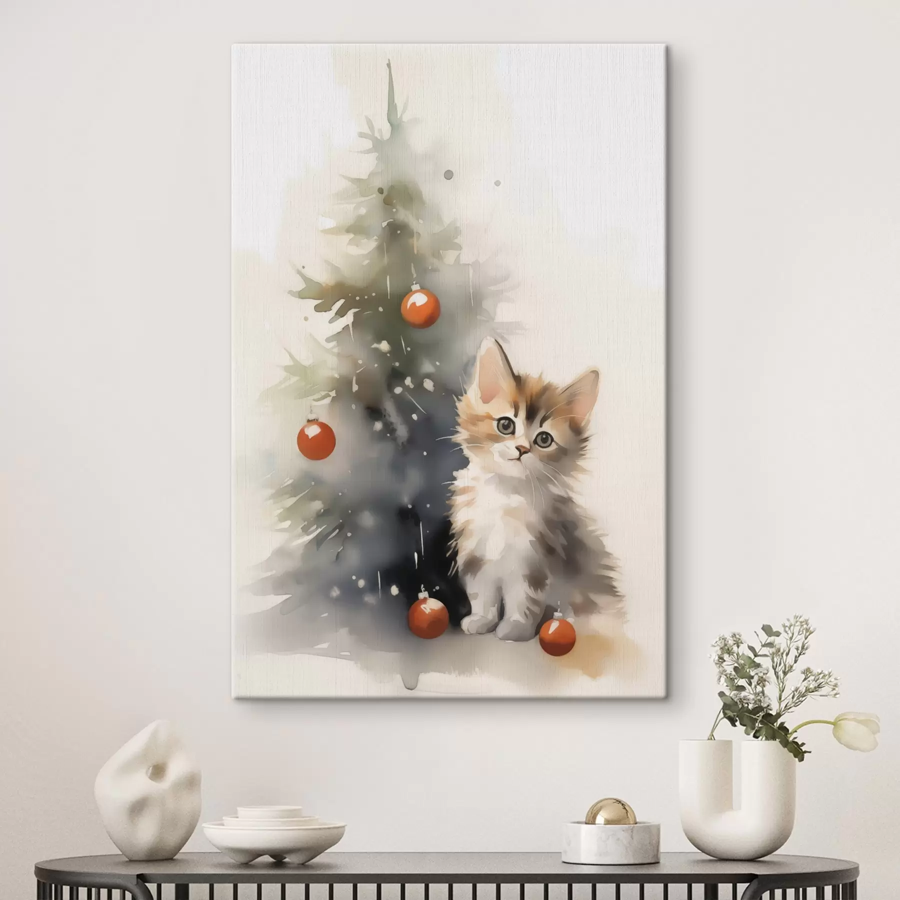 Papier peint photo Chaton près de l'arbre de Noël imitation d'aquarelle humide s42140