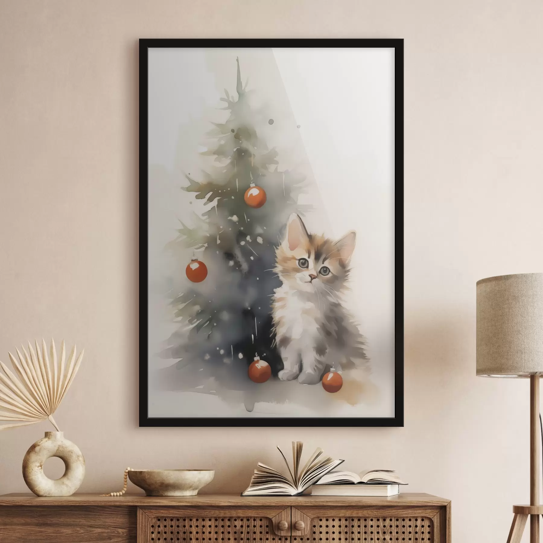  Peintures Chaton près de l'arbre de Noël imitation d'aquarelle humide f42140