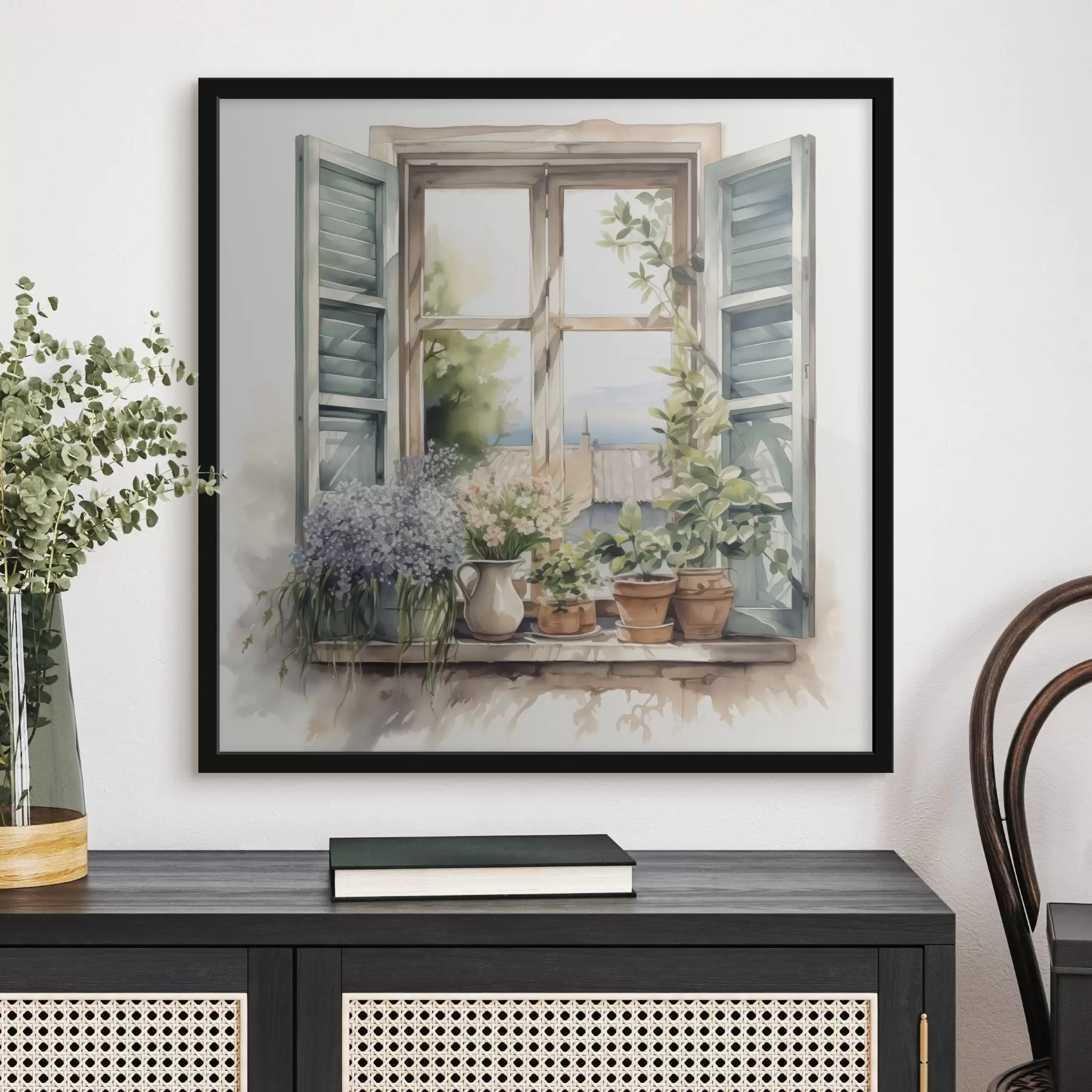 Fotobehang Vegetatie op de vensterbank imitatie van aquarel f42144