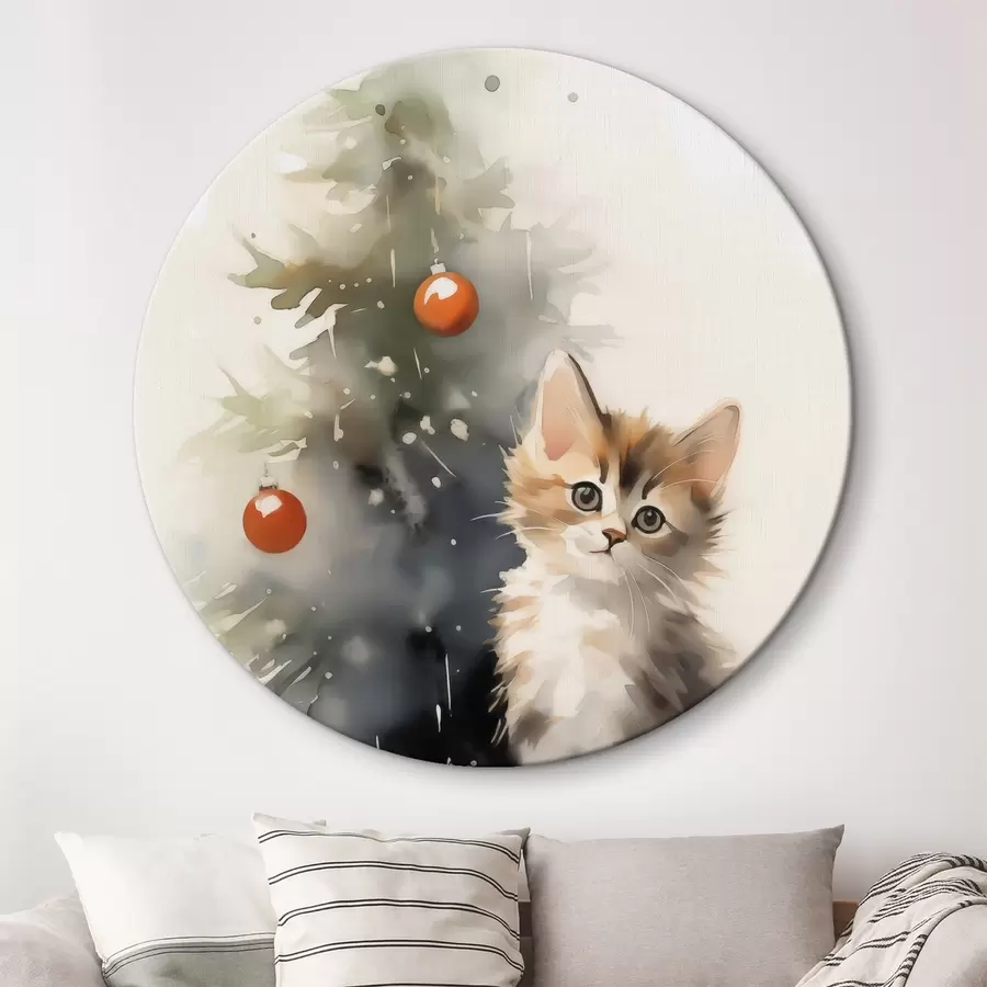  Schilderijen Katje bij de kerstboom imitatie van natte aquarel r42140