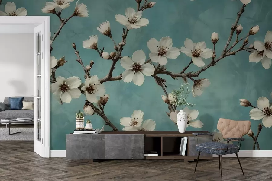 Fotobehang Bloeiende takken op een betonnen achtergrond w02610